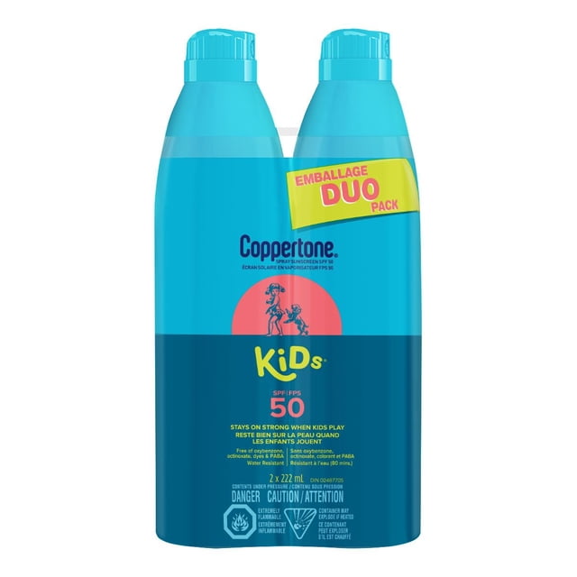 Coppertone Kids Sunscreen Spray SPF 50 Duo Pack with two 222mL blue spray bottles providing broad spectrum UVA/UVB protection and water resistance for 80 minutes. Hypoallergenic, free of oxybenzone, octinoxate, dyes, and PABA, designed to stay on strong during kids’ outdoor activities.