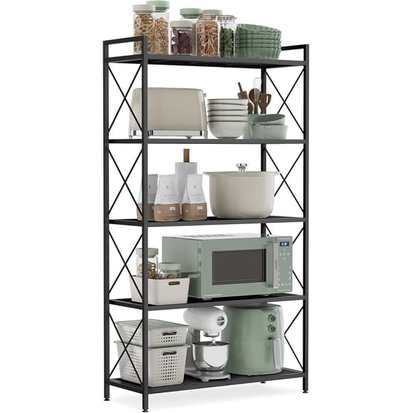 SONGMICS 5-Tier Metal Storage Rack, Shelving Unit with X Side Frames, Dense Mesh, for Entryway, Kitchen, Living Room, Bathroom, Industrial Style, Ink Black
