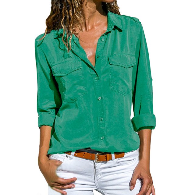 Chemise Décontractée pour Femmes, Unie, à Manches Longues, Col Rabattu, avec Poches, Boutonnée devant
