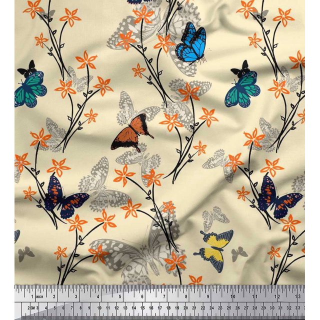 Soimoi White Poly Georgette Fabric Flower & Butterfly Print Fabric by Yard 42 Inch Wide
