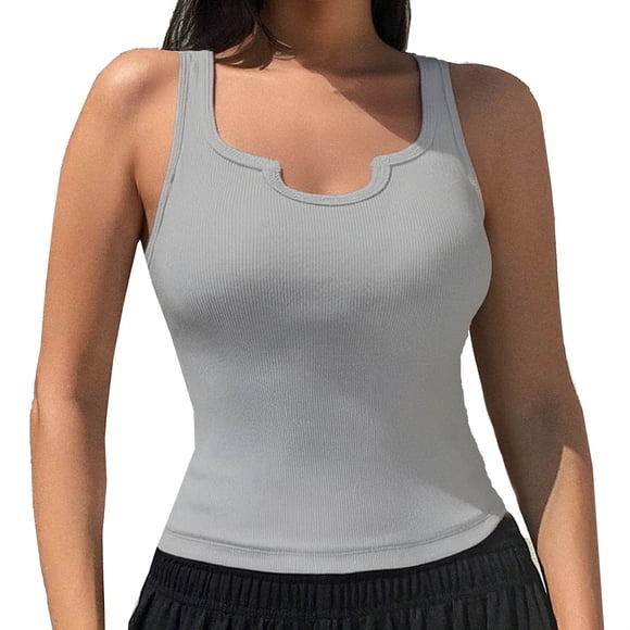 Built-in Bra Tank Top for Women, Ribbed V-Neck Cami, Stretchy Comfort Everyday Sleeveless Blouse