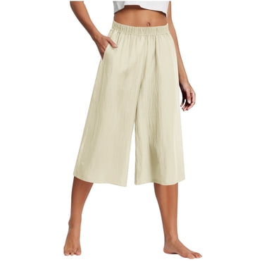 QATAINLAV Ofertas de Hoy en Liquidación! Capri Pants for Women Loose Wide Leg Linen Summer Cropped Pants Drawstring Elastic Waist Capris Trousers with Pockets Blue XL