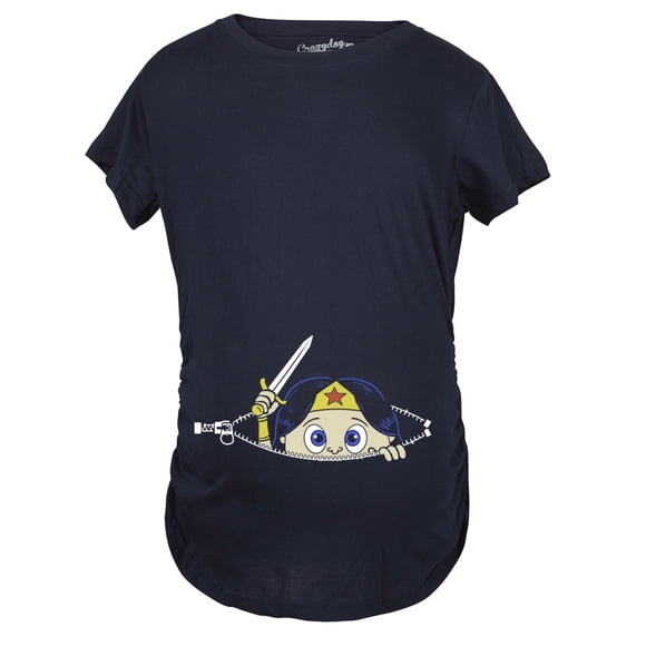 Maternity Peeking Women Warrior Superhero Pregnancy Shirt (Navy) - M