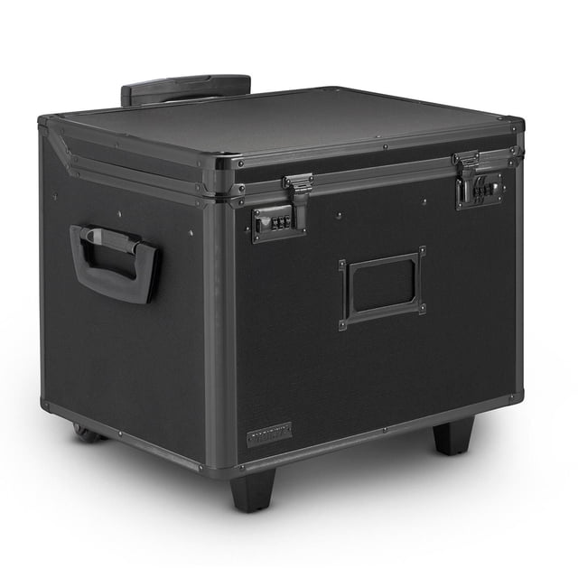 Vaultz - Letter/Legal Wheelie - Tactical black rolling file box with combination locks for key-less security, textured durable exterior, retractable handle, side grip handle, and built-in metal rails for letter-size hanging folders, suitable for secure office file storage and shipping supplies.