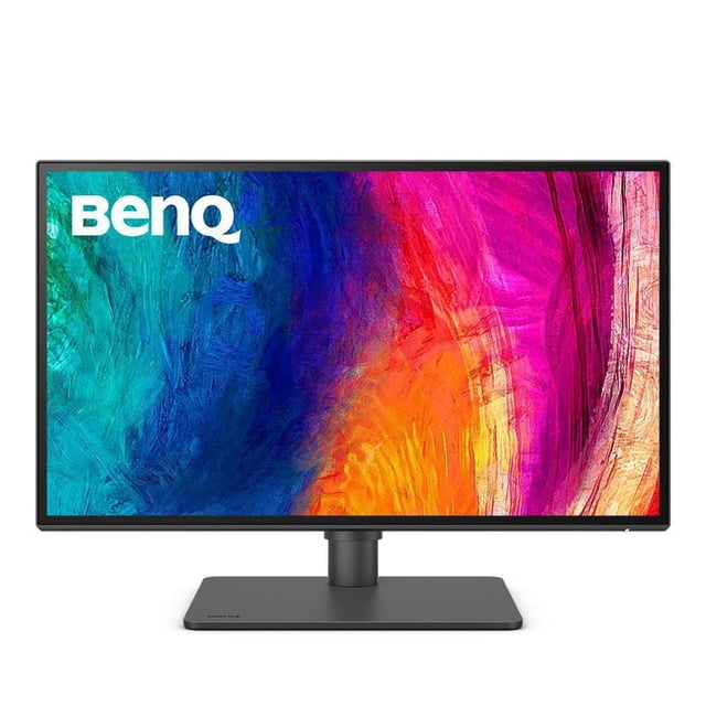 BenQ DesignVue PD2506Q 25-inch 2K QHD P3 DisplayHDR 400 USB-C designer monitor with slim bezels and matte black stand, showing a vibrant abstract color display in blue, purple, orange, and pink, featuring factory-calibrated color accuracy, USB-C connectivity with 65W power delivery, and daisy chain support for multi-monitor setups.