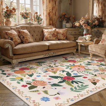 BERTHMEER 5'x7' Area Rugs for Living Room Bedroom Dining Room Office Farmhouse Oriental Floral Vintage Traditional Flower Machine Washable Rugs Carpets, Beige