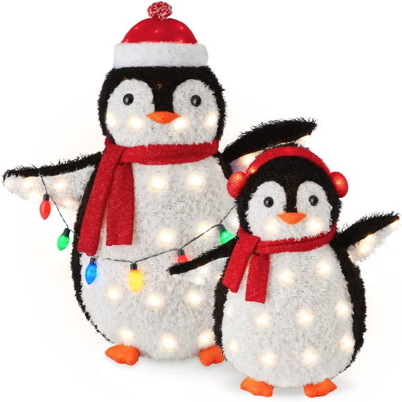 Best Choice Products Ensemble de 2 Pcs Éclairé 3 Pi Pop-Up Famille Penguin Décoration de Noël Extérieure avec 150 Lumières DEL - Rouge