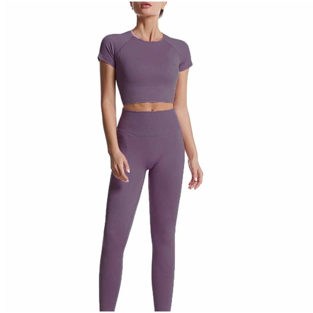 Tenue d'Été Décontractée pour Femme à Manches Courtes, Col Rond Uni, Taille Élastique, Haut Taille Haute, Pantalon long, Gris Foncé_aa S