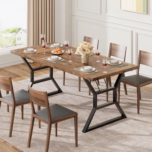 70.9 in Large Dining Room Table for 6, Rectangular Kitchen Table with Heavy Duty Metal Legs, Farmhouse Wooden Dining Table for Big Family (Brown)