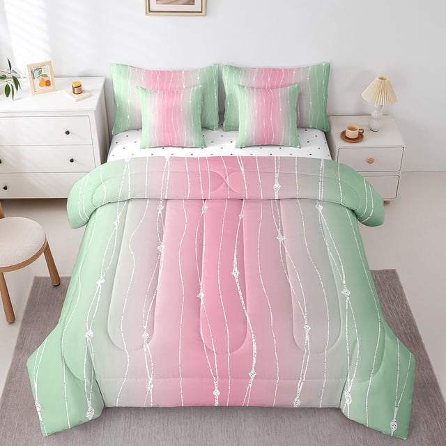 YST Sage Green and Pink 7-Piece Abstract Aesthetic Comforter Set, Gradient Ombre Bedding Accessories, Queen