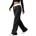 thumbnail image 3 of Women'S Contrast Color Waistband Sweatpants Wide Leg Pants with Drawstring Buckle Black L, 3 of 8