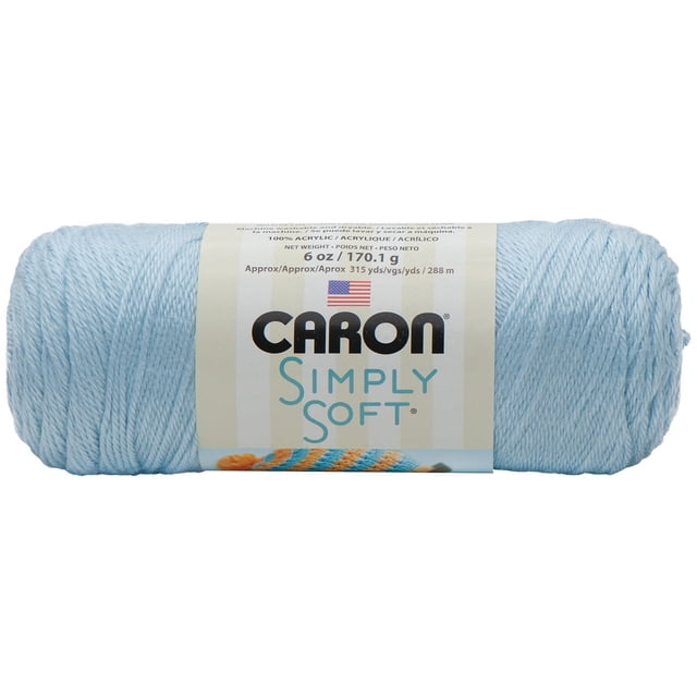 Caron® Simply Soft® Yarn, Acrylic #4 Medium, 6oz/170g, 315 Yards in light blue, a smooth acrylic worsted weight yarn with subtle sheen, wrapped in a label showing brand and product details, ideal for knitting, crochet, and home decor projects.