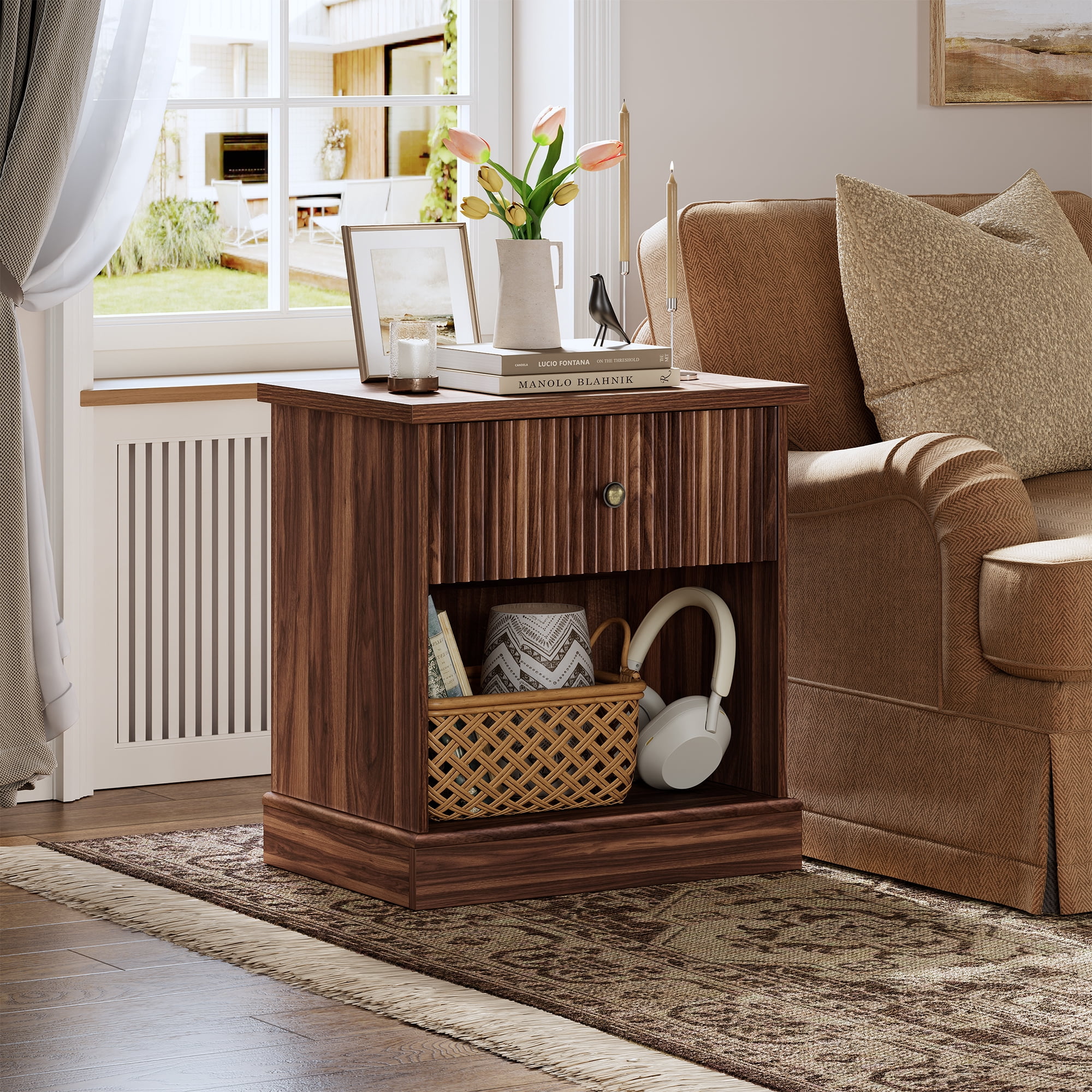 Nightstand with Drawer & Open Shelf, Compact Bedside End Table for Bedroom, Living Room, Brown