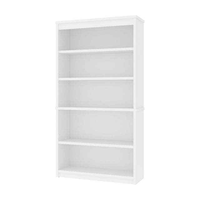 Bestar Universel 36W Bookcase in antigua white finish with modular two-section design, five shelves including three adjustable, stackable or separate, made of high-density commercial-grade particle board compliant with TSCA Title VI, shown front-facing on white background, ideal for office or home storage.