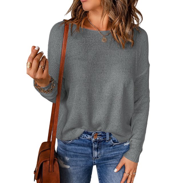 Innerwin Sweater Solid Color Ladies Jumper Tops Chic Long Sleeve Casual Knitted Sweaters Grey S
