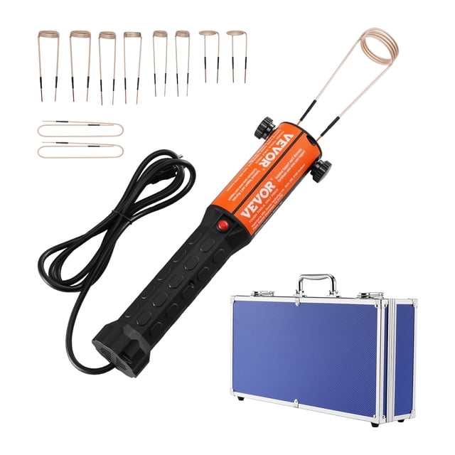 VEVOR 1KW Magnetic Induction Heater, a hand-held tool for bolt removal, featuring a black ergonomic handle, orange casing, and power cord. Includes 10 heating coils of various sizes, a blue carrying case, flexible copper wires, and fixing screws. Designed for automotive repairs, it provides flameless, precise heating for bolts, bearings, and gears, ensuring safety and efficiency.