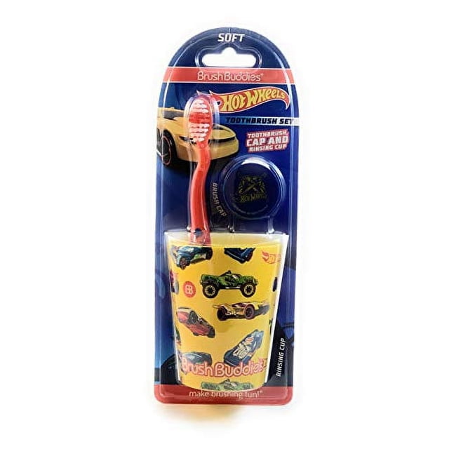 Brosse à Dents pour Garçons Hot Wheels Cars Bleue avec Capuchon et Gobelet de Rinçage Ensemble de 3 Pcs