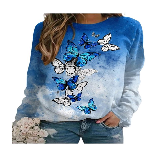 QJUHUNG Sweat-Shirt Décontracté à Manches Longues pour Femmes Papillon Imprimé Graphique Floral Pull Léger