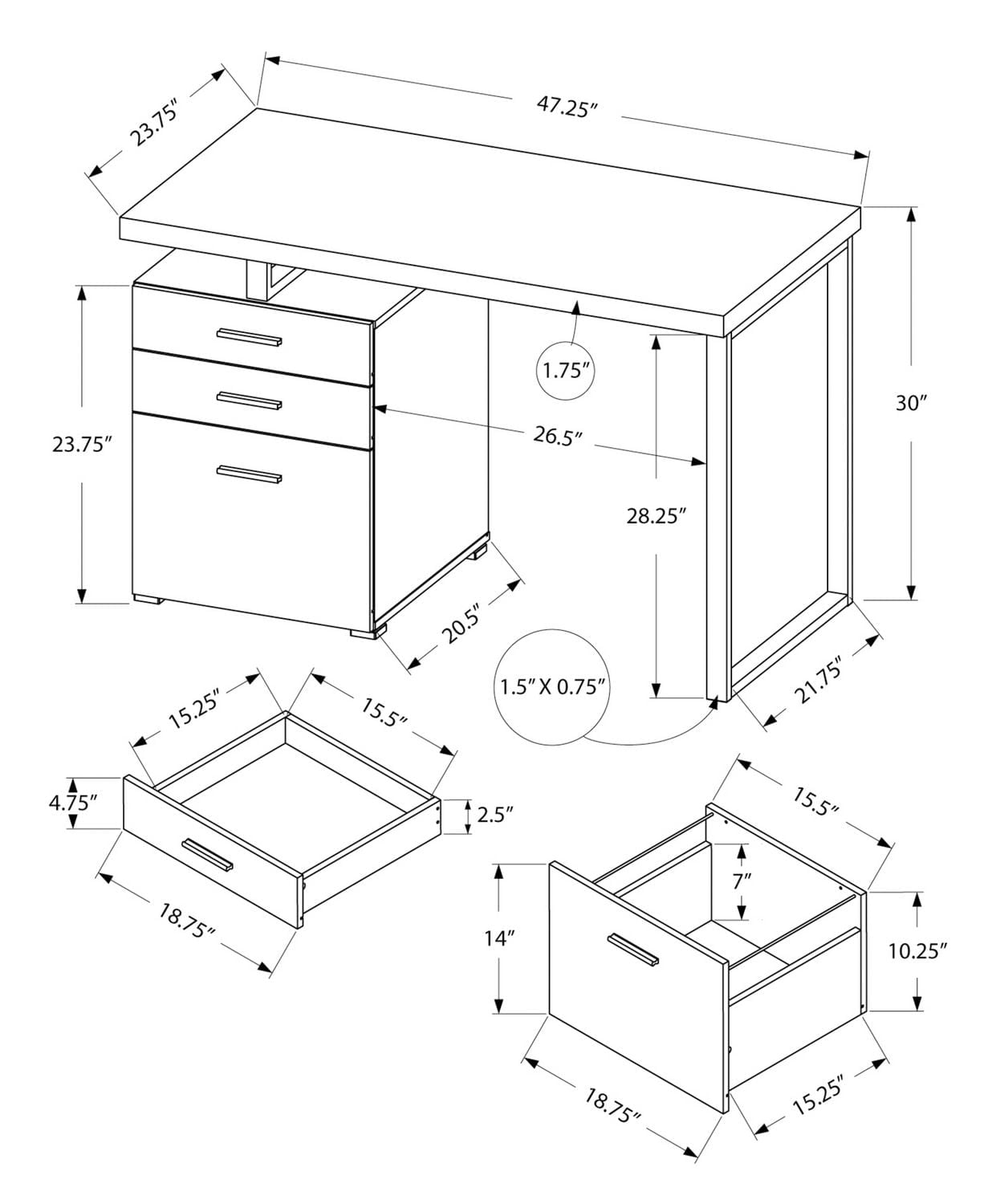 Monarch Specialties Computer Desk, Home Office, Laptop, Left, Right Set-up, Storage Drawers, 48"l, Work, Metal, Laminate, Grey, White, Contemporary, Modern