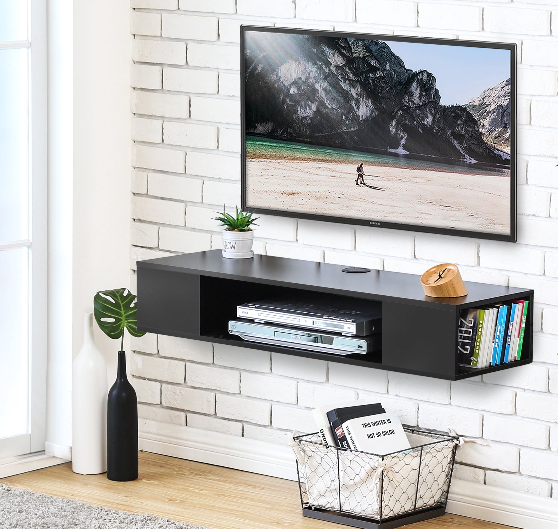 FITUEYES Black Wall Mounted Media Console Floating TV Stand Component Shelf Entertainment Center