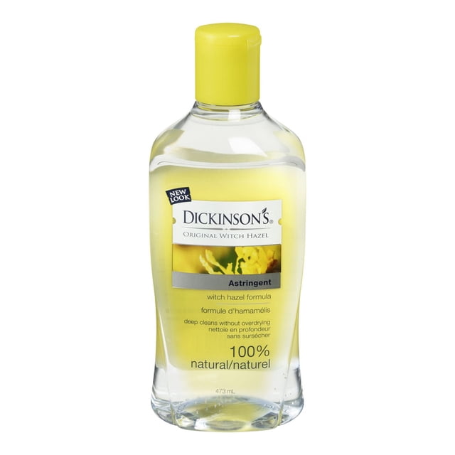 Dickinson's Witch Hazel Astringent in a 473 ml clear plastic bottle with a yellow flip-top cap, featuring a 100% natural witch hazel formula that deeply cleanses and tones skin without overdrying, suitable for facial skincare and maintaining natural moisture balance.