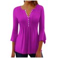 thumbnail image 1 of Timegard Tops d'Été Femmes Plissé Cranté Col en V Flare Manches 3/4 Confortable T-Shirts Haut Décontracté, 1 of 5