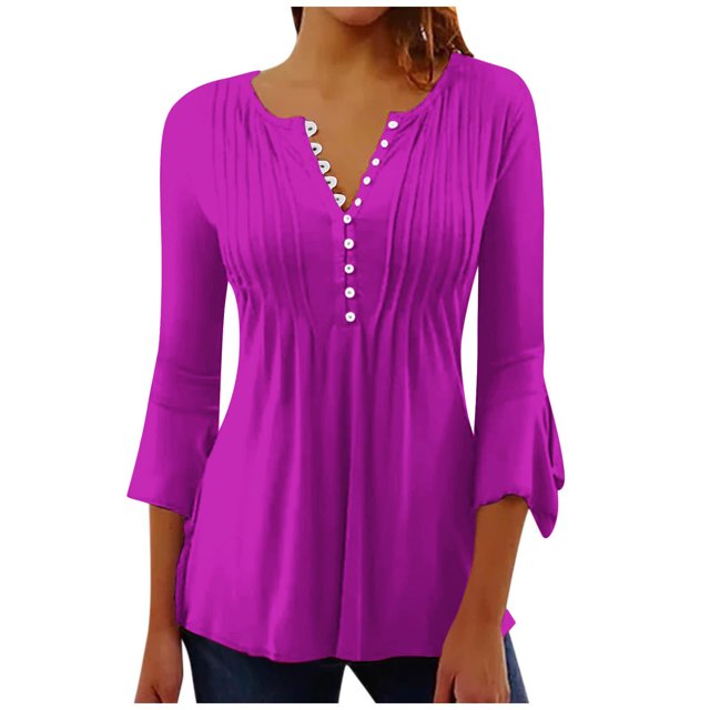 Timegard Tops d'Été Femmes Plissé Cranté Col en V Flare Manches 3/4 Confortable T-Shirts Haut Décontracté