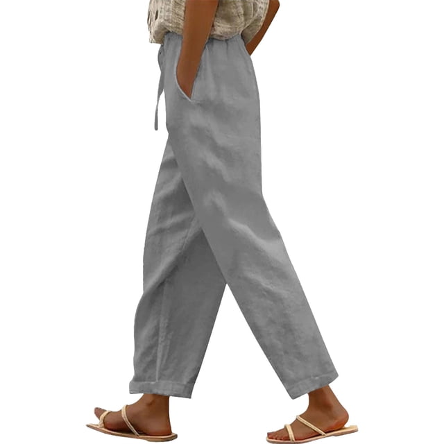 Women's Casual Linen Pants - High Waist with Side Pockets - Spring/Summer Long Pants