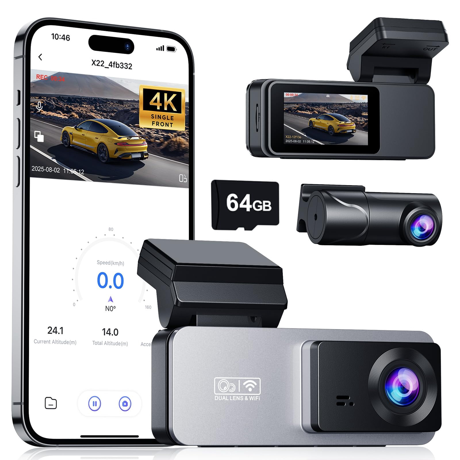 Eassky Dash Cam Front and Rear, 4K Front Dash Cam, 3K+1080P Dual Dash Camera for Cars, Built-in WiFi, Car Dashcams with Night Vision, Free 64GB Card,