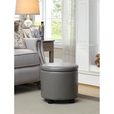 Designs4Comfort Round Accent Storage Ottoman in Gray Faux Leather Fabric