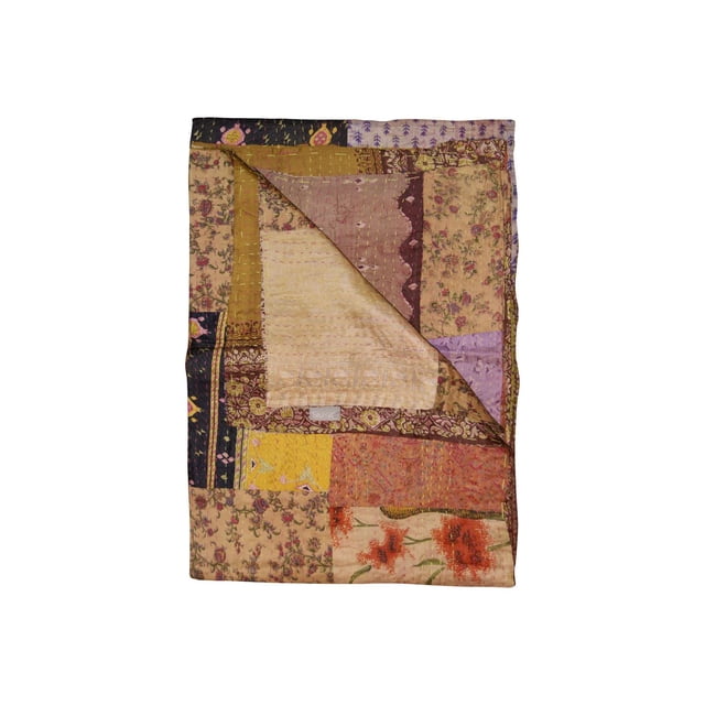 KANTHA SILK THROW BLANKET 50"X70" handcrafted with quilted patchwork in floral and geometric patterns in beige, purple, yellow, and orange, made from 100% silk, suitable as a throw blanket, wall hanging, or table cover.