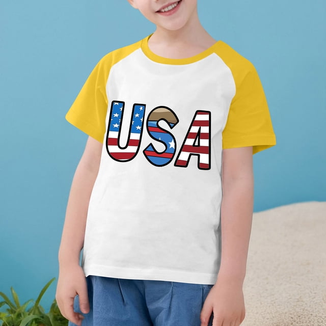 MKOSPLRT Chandails USA Tout-Petits Chandails Drapeau Américain Manches Courtes T-Shirts Raglan à Blocs de Couleur Col Rond T-Shirts Jour de l'Indépendance Chandails de Rentrée