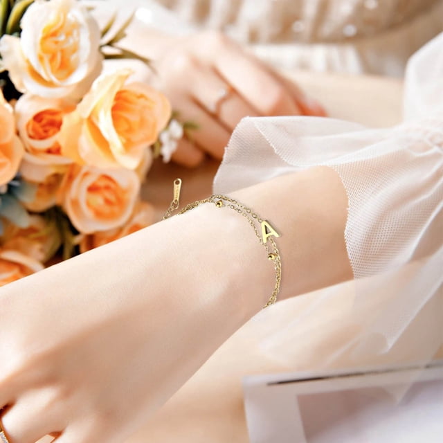 WIFKLSIIPG Fashion Simple Double Chain Stacking 26 Letters Gold Stainless Steel Bracelet Initials Bracelet for Women Teen Girls Jewelry Chain Bracelet