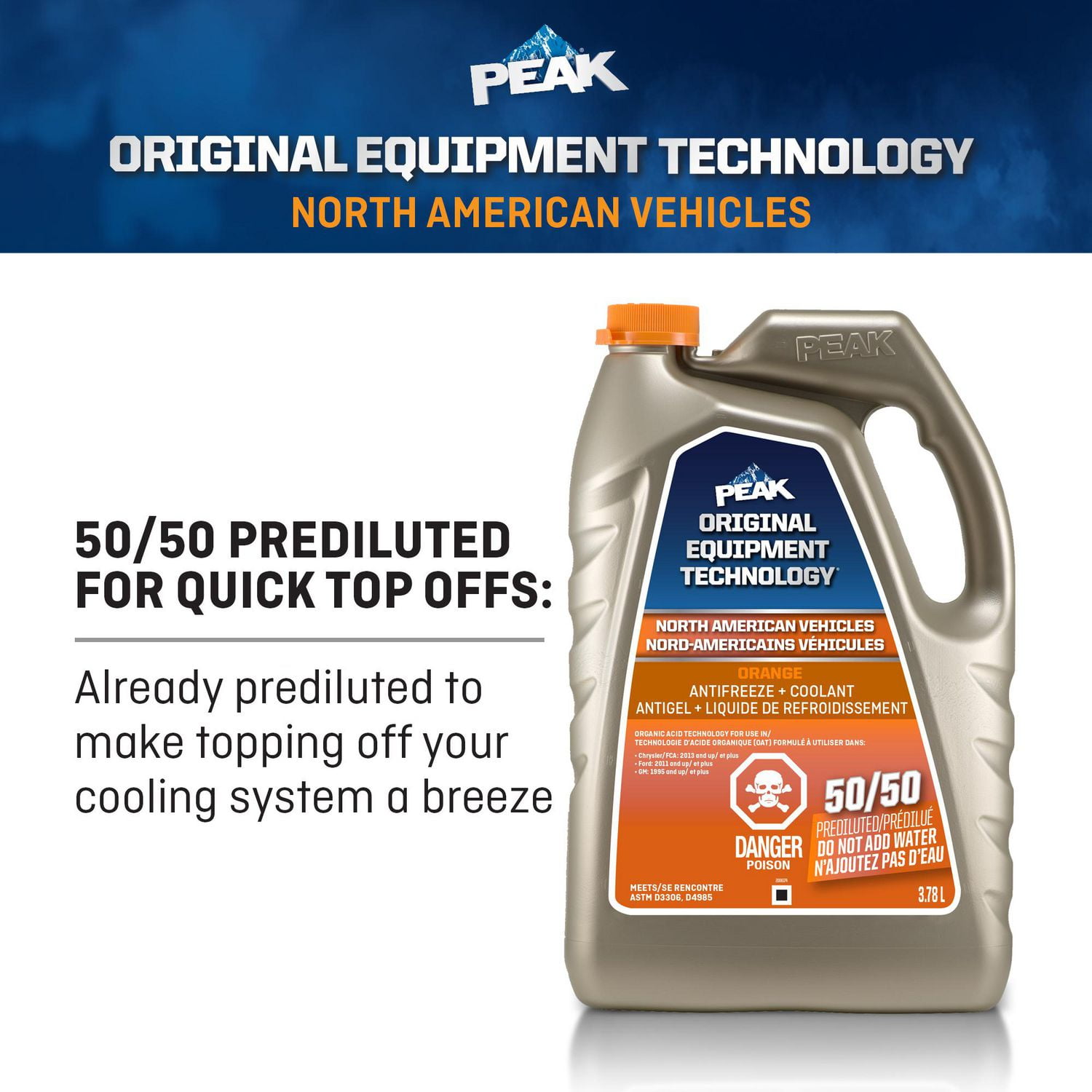 PEAK® OET Extended Life Orange 50/50 Pre-Diluted  Antifreeze/ Coolant for North American Vehicles, 3.78 Liters