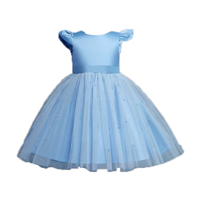 B91xZ Robe Extensible à Manches Courtes pour Filles Robe Décontractée à Manches Flottantes Plissée Robe Unie, Bleu 12-18 Mois