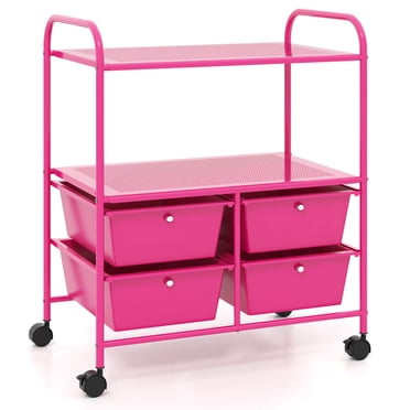 Costway Rolling Storage Cart with 4 Drawers & 2 Shelves Multipurpose Plastic Trolley on Wheels Hot Pink