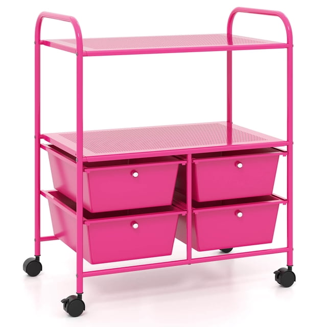 Costway Rolling Storage Cart with 4 Drawers & 2 Shelves Multipurpose Plastic Trolley on Wheels Hot Pink