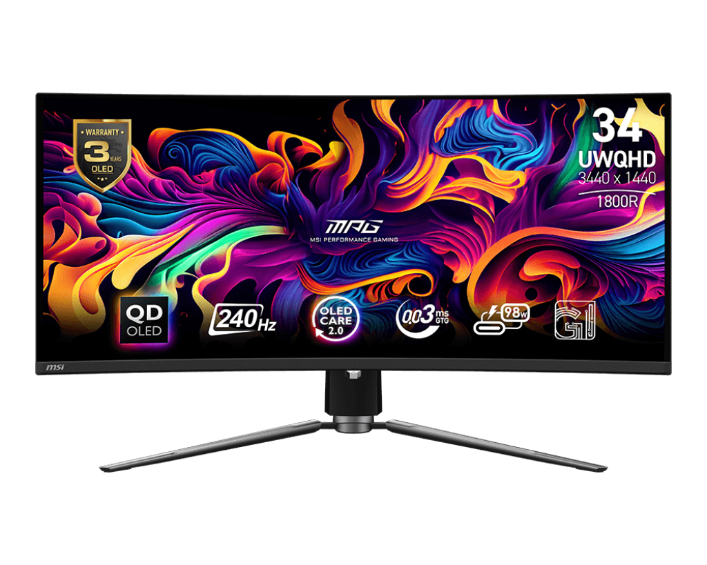 MSI MPG 341CQPX QD-OLED, Moniteur de jeu incurvé de 34 po 1800R 3440 x 1440, 240Hz / 0,03ms (GTG), Adaptive-Sync, HDMI 2 (v2.1), DP 1.4a, USB Type-C, Hauteur réglable