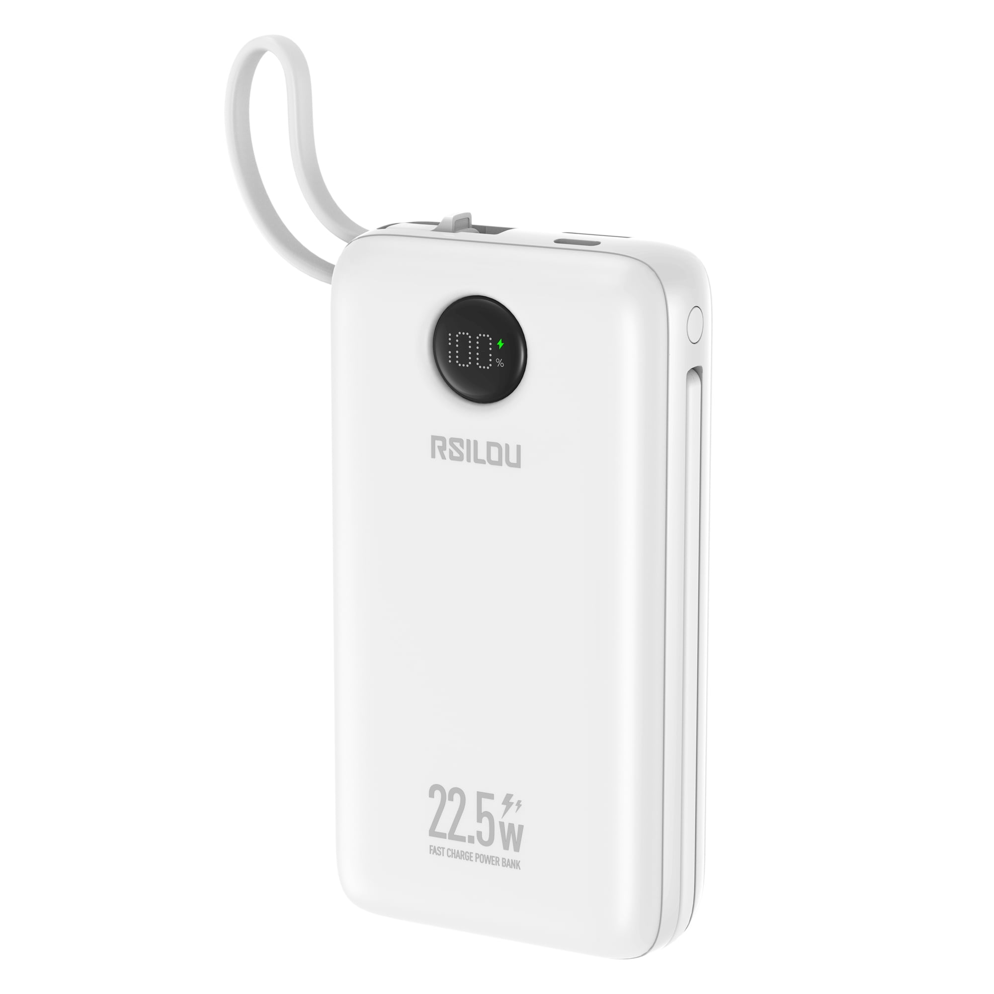 R1022 - Built-in USB-C & Lightning Cable Fast Charging LED Digital Display Power Bank -20000mAh - White