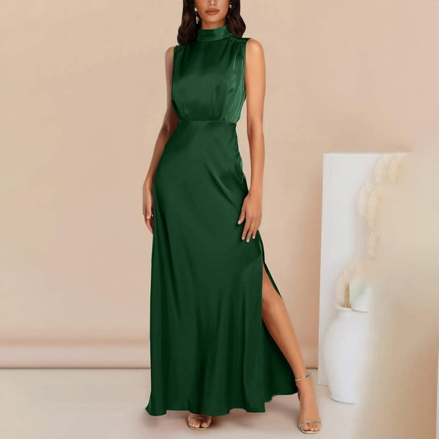 Lenago Robe Sans Manches Grande Taille pour Femmes Mode Femmes Été Uni Décontracté Col Rond Sans Manches Fente Haute Robe Maxi Robes d'Été de Plage en Liquidation