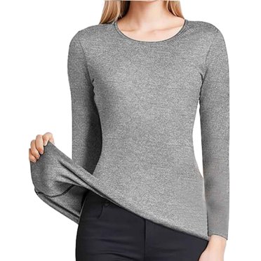 Bmisegm Haut Thermique Uni pour Femmes à Manches Longues, Col Rond, Chandail T-Shirt, Haut de Base, sous-Vêtements Thermiques pour Femmes, Gris, TG
