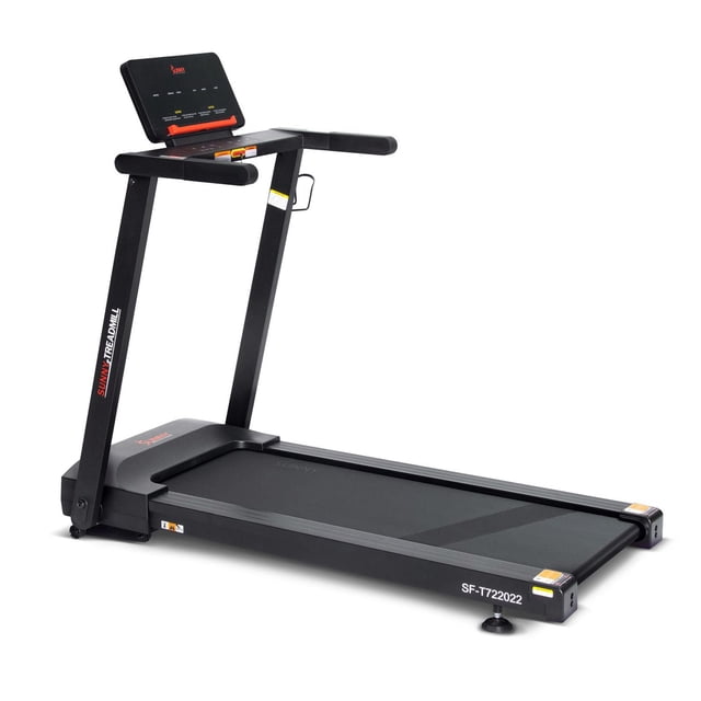 Sunny Health & Fitness Interactive Slim Folding Treadmill with advanced brushless motor, 12-level auto incline, black slim running deck, handrails, and digital LED console with Bluetooth for SunnyFit app, designed for compact home cardio workouts.