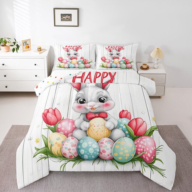 Erosebridal Cute Bunnies Rabbit Bedding Full Comforter Set for Kids, Happy Easter Down Comforter, Reversible 3 Pieces