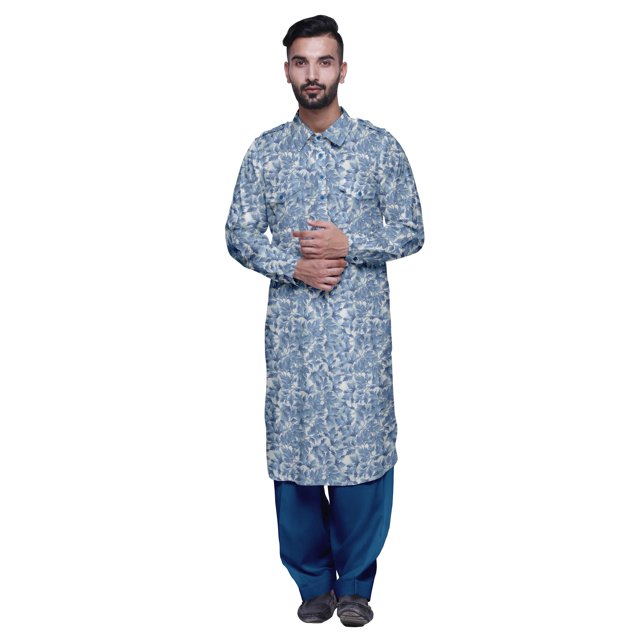 Atasi Printed Rayon Pathani Kurta With Solid Salwar For Mens Party Wear