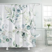 Danhjin Shower Curtain Green Floral Shower Curtain Modern Plants Botanical Fabric Cloth Shower Curtains for Elegant Bathroom Decor Watercolor Eucalypt With 12 Hooks