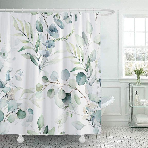 Dvkptbk Shower Curtain Green Floral Shower Curtain Modern Plants Botanical Fabric Cloth Shower Curtains for Elegant Bathroom Decor Watercolor Eucalypt with 12 Hooks Bathroom Accessories