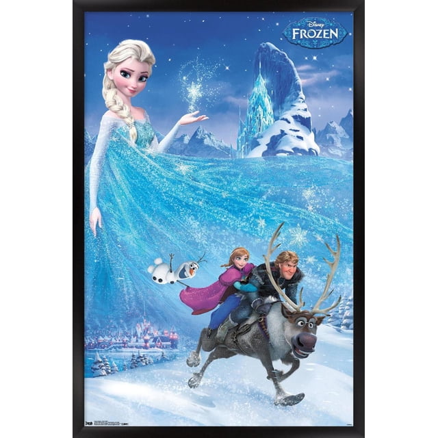 La Reine des Neiges de Disney - Affiche Murale Aventure en une Feuille, 22,375 Po x 34 Po Représentant Elsa dans une Robe Bleu Étincelant Créant des Flocons de Neige, Olaf le Bonhomme de Neige Flottant à Proximité, et Anna avec Kristoff Chevauchant Sven le Renne à Travers un Paysage Enneigé avec un Château de Glace Illuminé et des Montagnes Enneigées en Arrière-Plan.