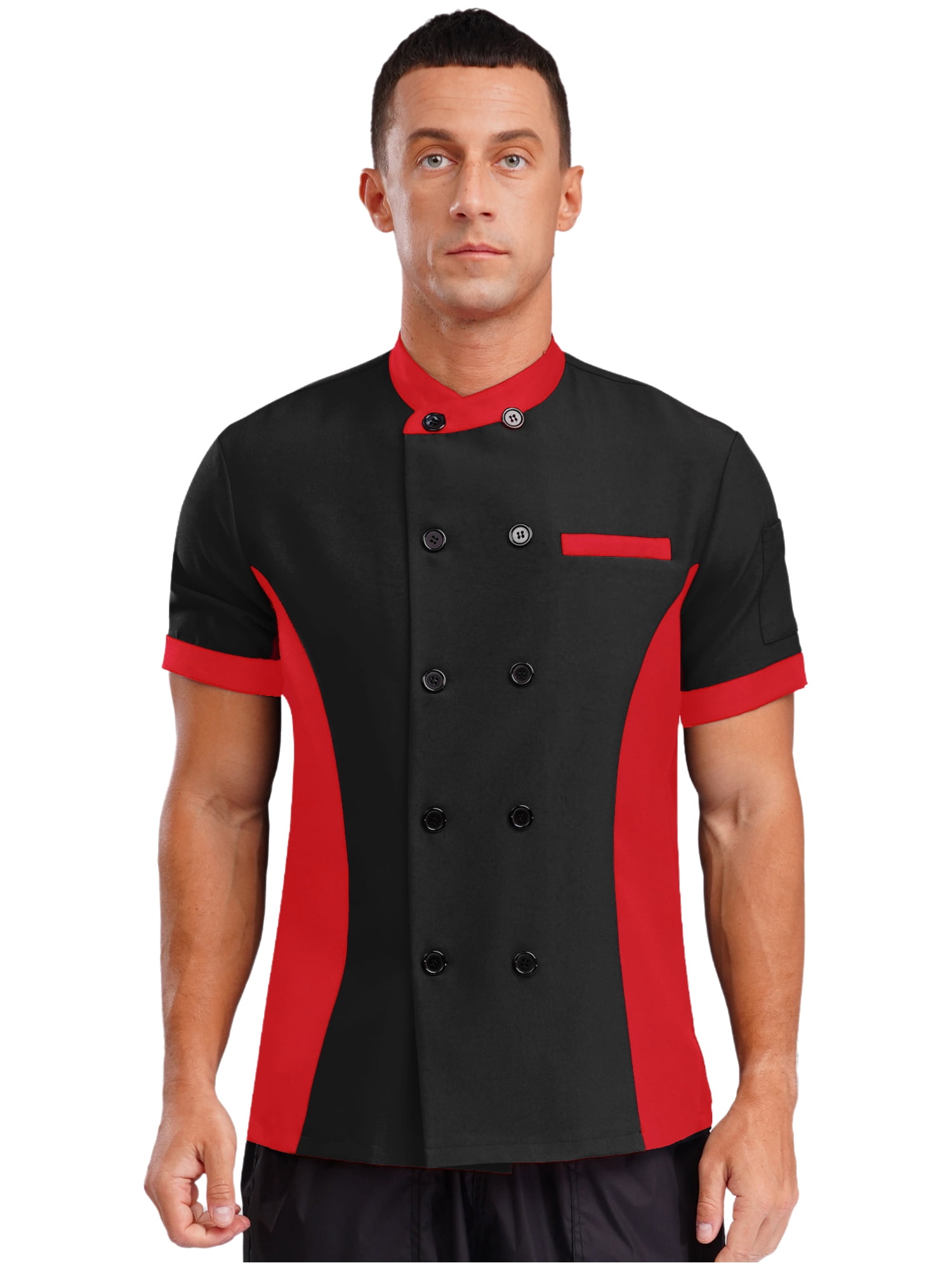 TiaoBug Unisex Chef Jacket Double Breasted Short Sleeve Chef Coat Hotel Restaurant Kitchen Work Wear Black&Red XXL