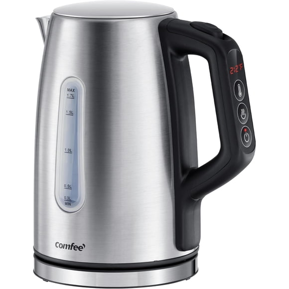 COMFEE' Bouilloire Électrique en Acier Inoxydable, Contrôle de la Température avec 6 Préréglages, Maintien au Chaud 1 H, Bouilloire 1,7 Litres, 1500 W avec Fenêtre de Visualisation, Arrêt Automatique et Protection contre l'Ébullition à Sec