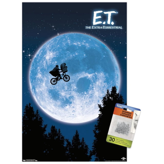 E.T. l'Affiche Murale Extra-Terrestre, 22,375 Pouces x 34 Pouces, Représentant une silhouette d'Un Garçon Chevauchant une Bicyclette avec un Extraterrestre dans le Panier avant Volant à Travers une Grande Pleine Lune Bleue avec des silhouettes d'Étoiles et d'Arbre en Dessous, Imprimée sur Papier Lustré avec des Punaises Transparentes Incluses pour une Suspension Facile, Convient à la Décoration Murale de Chambre Ou de Bureau.